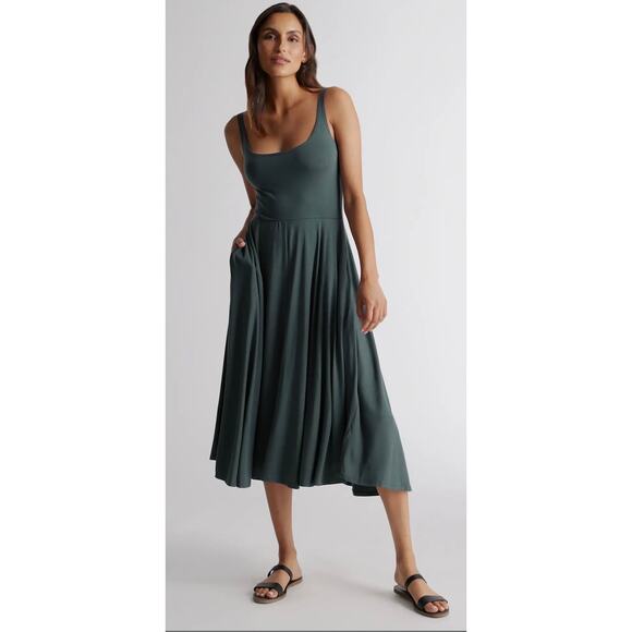 Quince Tencel Jersey Fit & Flare Dress in Dark Olive. Size S - Picture 1 of 8